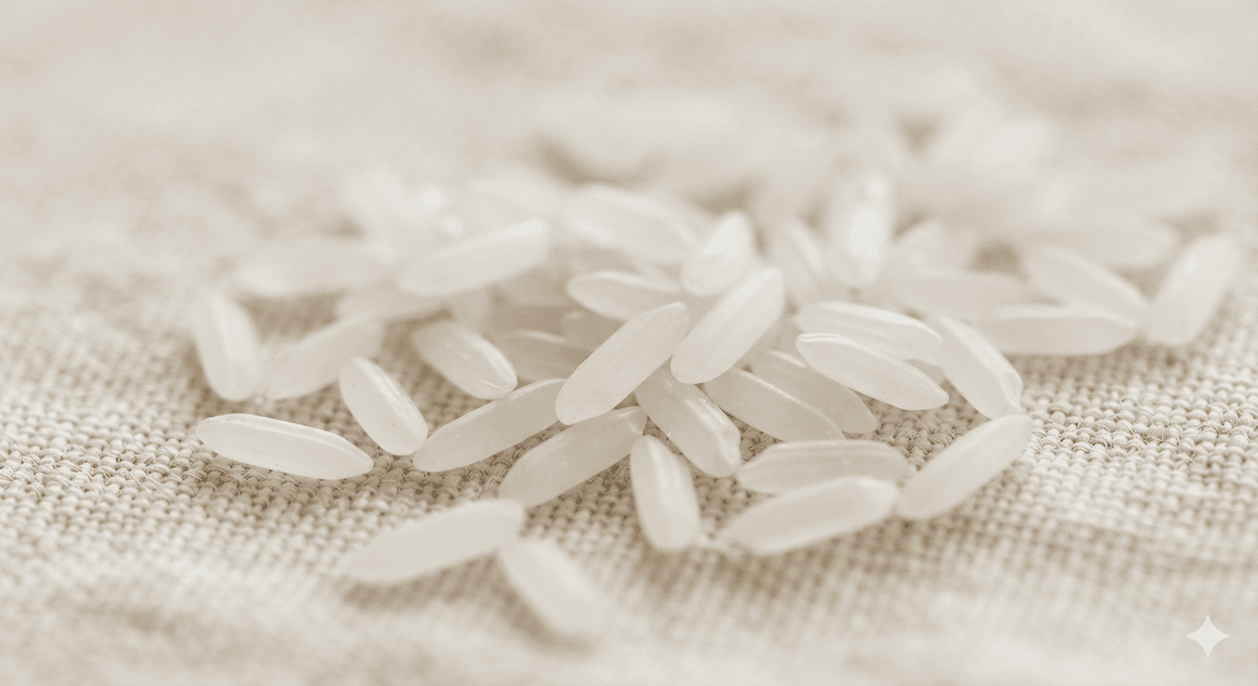 Perfectly milled white rice grains on linen