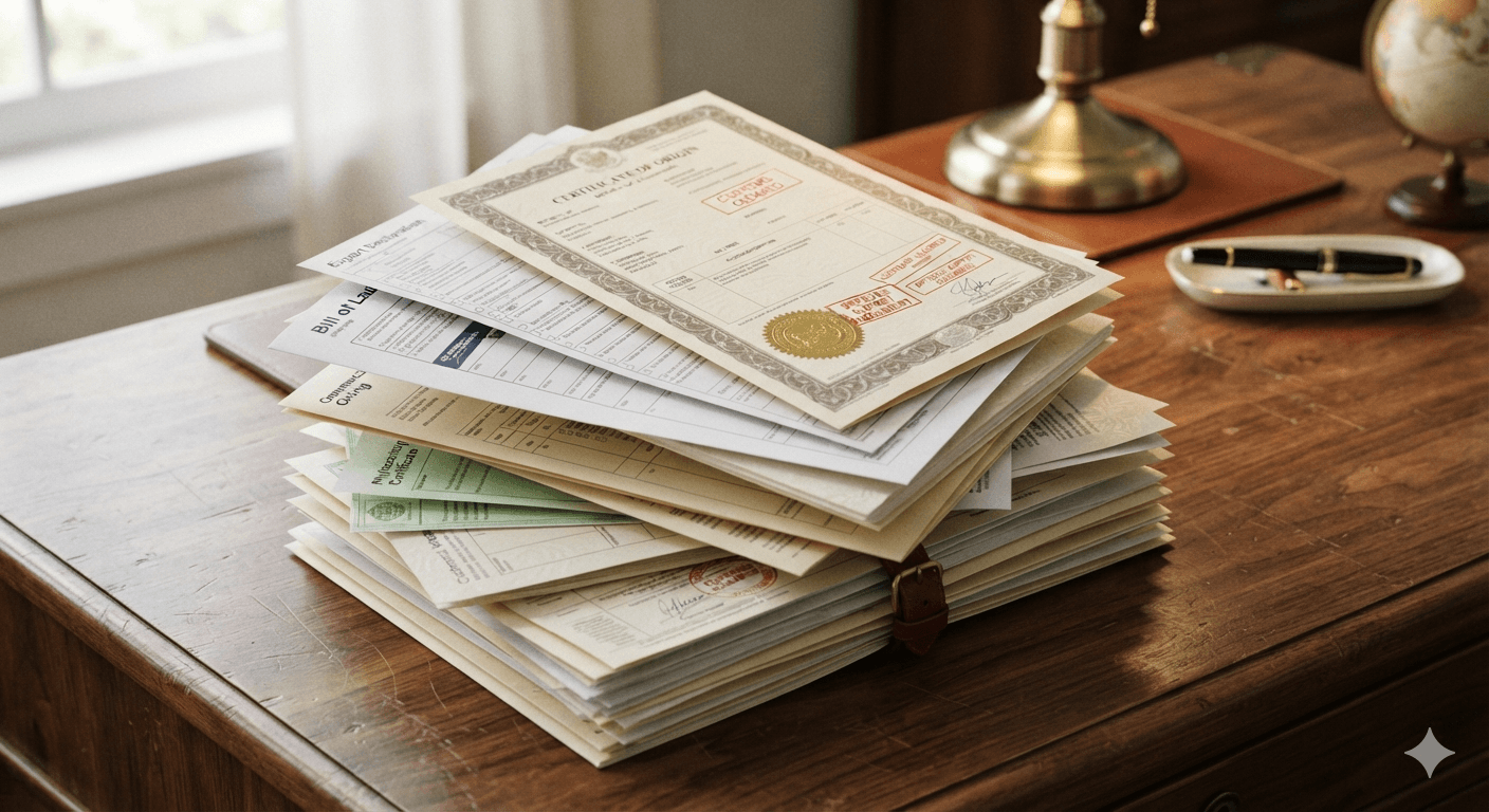 Stack of official certificates and export documents on a wooden desk