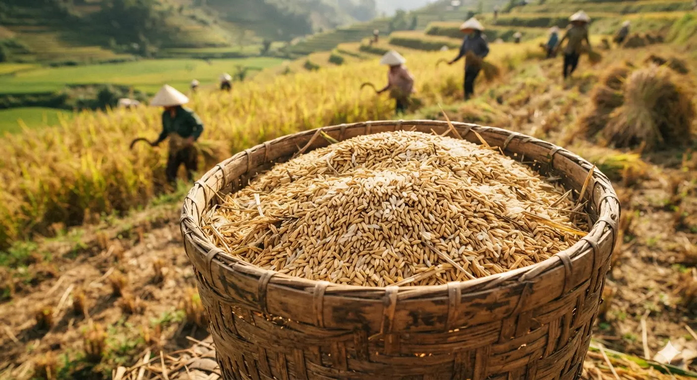 rice pouring into a basket at harvest time