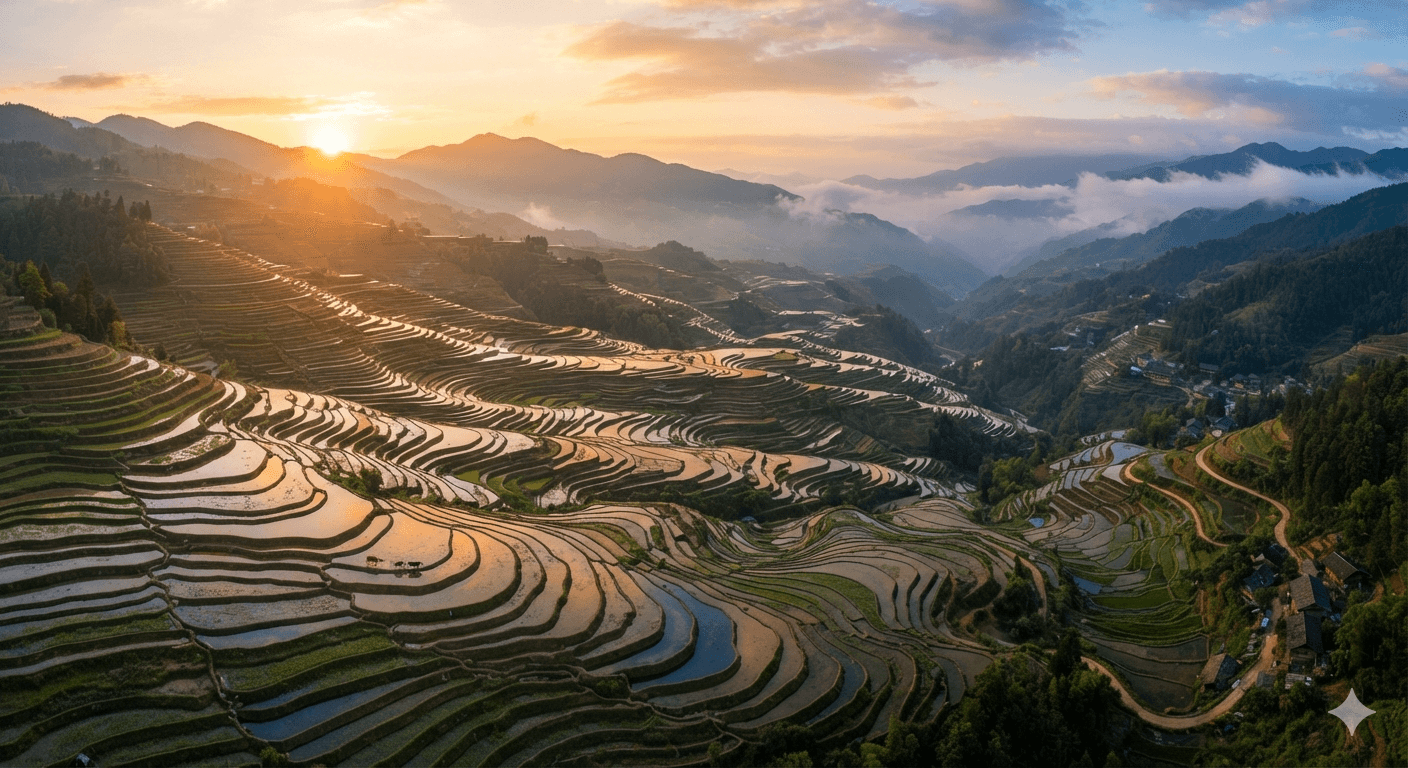 Terraced rice paddy field at dawn with morning mist