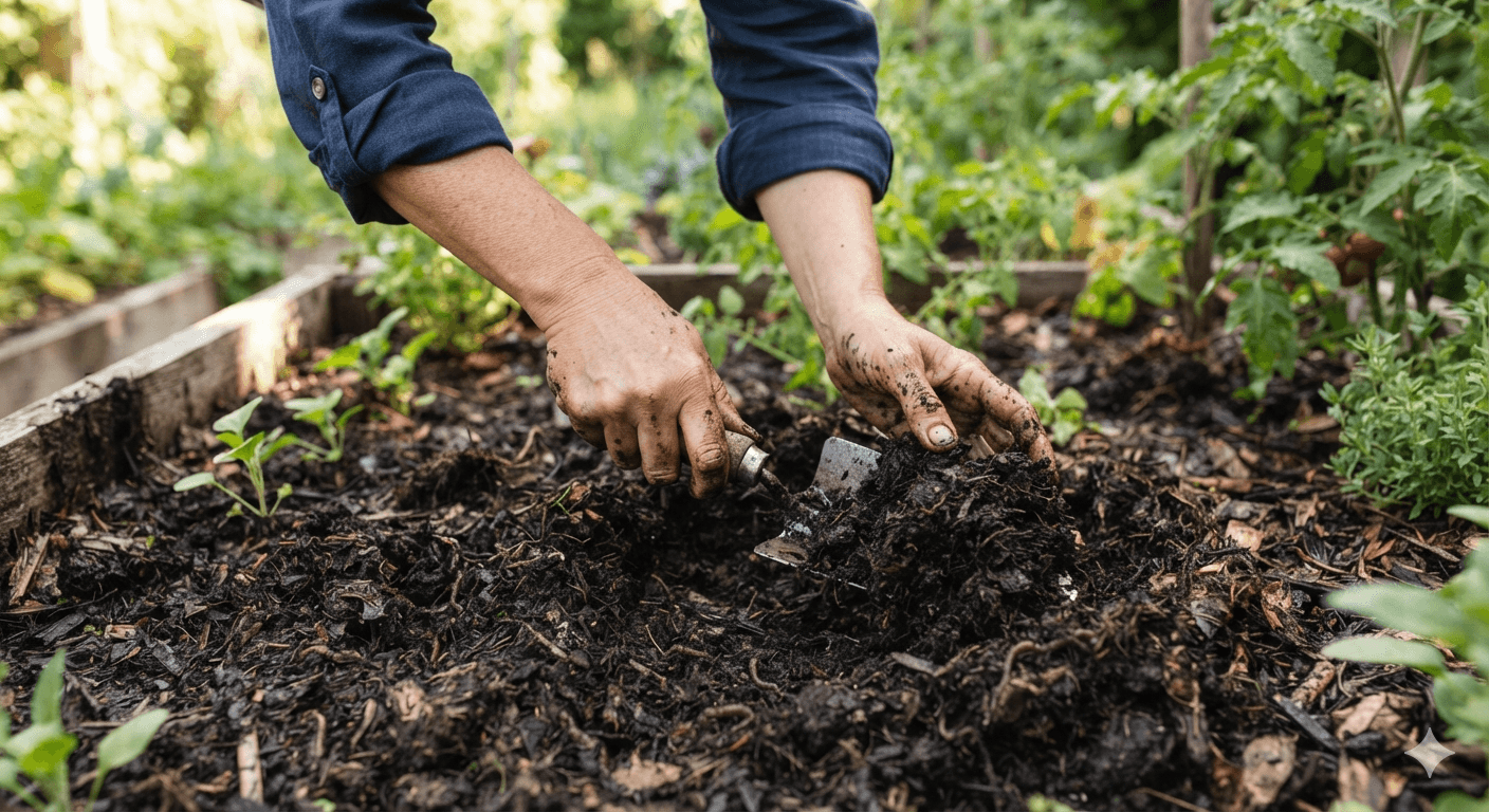 Dark, nutrient-rich soil being turned by hand