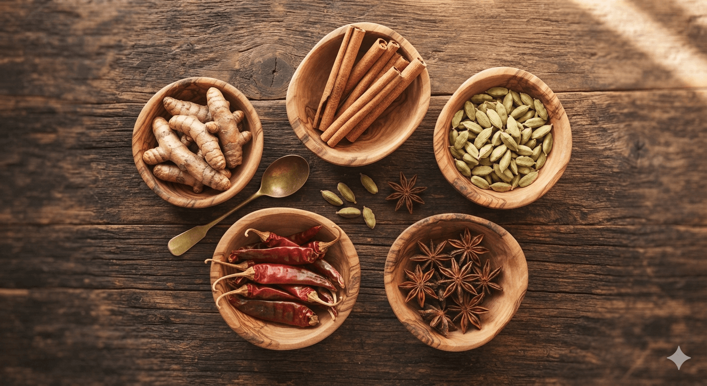 Whole and ground spices, close-up cinematic shot